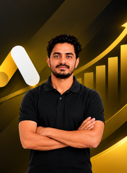 Golden Growth Banner with Confident Marketer