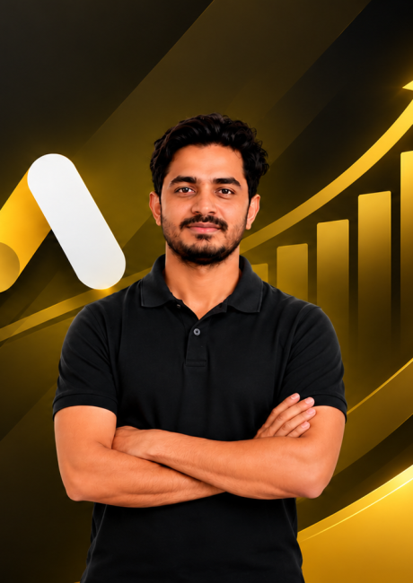 Golden Growth Banner with Confident Marketer